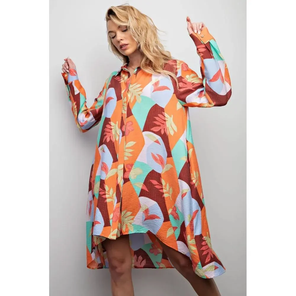 New with Tags Easel Blossom Printed Button Down Shirt Dress in Aqua Coffee SZ 1X